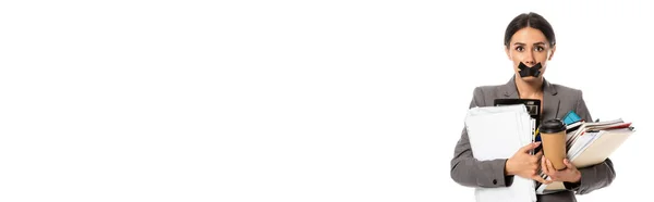 Панорамний Знімок Бізнес Леді Скотчем Роті Паперовою Чашкою Папками Руках — стокове фото