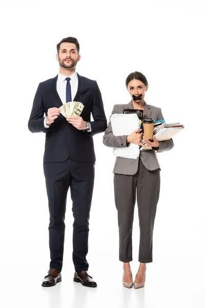 Homem Negócios Bonito Segurando Dólares Perto Empresária Com Fita Adesiva — Fotografia de Stock