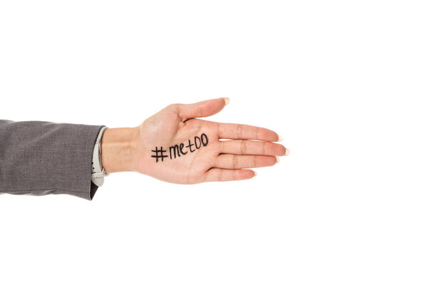 cropped view of businesswoman with me too lettering on hand isolated on white