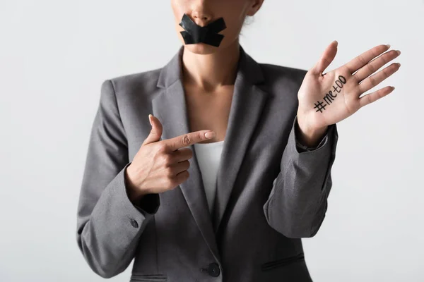 Cropped View Businesswoman Scotch Tape Mouth Pointing Finger Hand Too — Stock Photo, Image