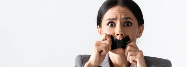 Panoramic Crop Scared Businesswoman Touching Scotch Tape Mouth Isolated White — Stock Photo, Image