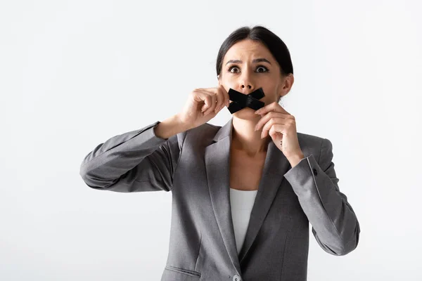 Emotional Businesswoman Touching Scotch Tape Mouth Isolated White Gender Inequality — Stock Photo, Image