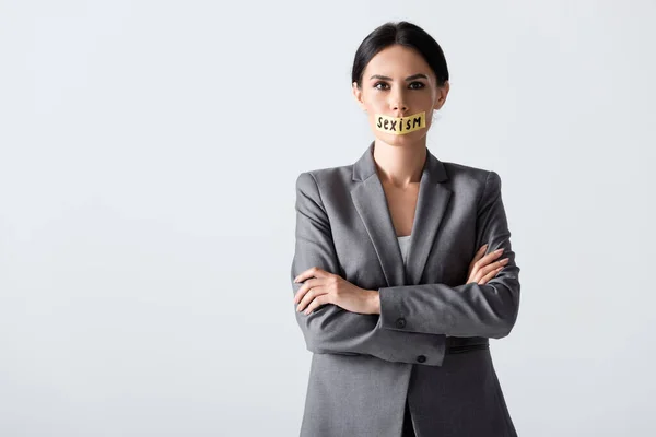 Businesswoman Sexism Lettering Scotch Tape Standing Crossed Arms Isolated White — Stock Photo, Image