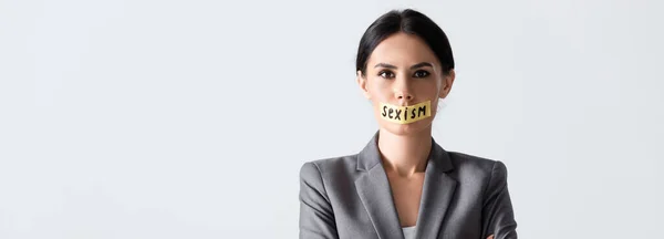 사이트 Header Businesswoman Sexism Letletletletlettering Scotch Tape Isolated White — 스톡 사진