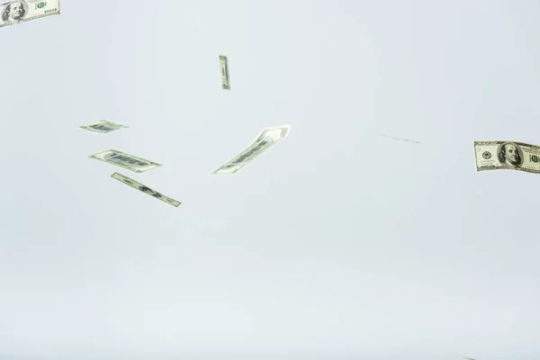 Dollar Banknotes Falling Isolated White Copy Space — Stock Photo, Image