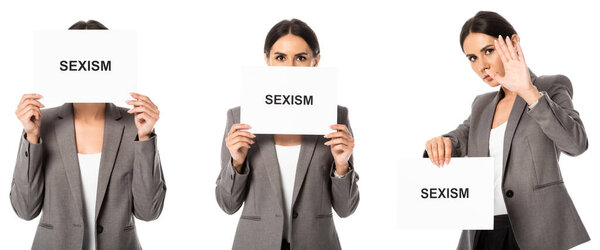 collage of businesswoman holding placard with sexism lettering while showing stop gesture isolated on white 