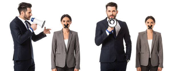 collage of bearded businessman in suit screaming in megaphone near businesswoman with scotch tape on mouth isolated on white 