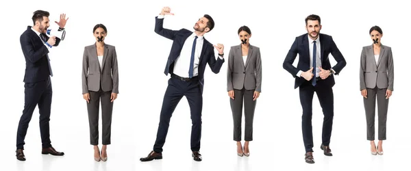 Collage Man Pointing Thumbs Himself While Screaming Megaphone Woman Scotch — Stock Photo, Image