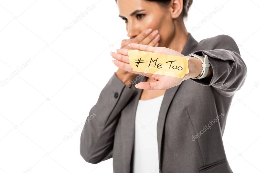 selective focus of businesswoman with me too lettering on hand covering mouth isolated on white, gender inequality concept 