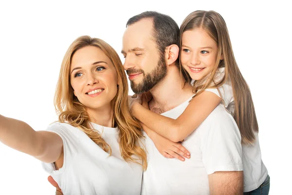 Familia Feliz Camisetas Blancas Abrazando Aislado Blanco — Foto de Stock