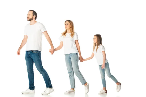 Glücklich Lässige Familie Händchen Halten Isoliert Auf Weiß — Stockfoto