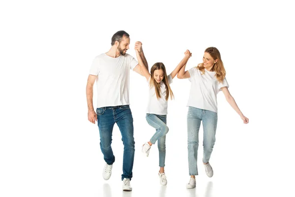 Happy Casual Family Holding Hands While Walking Isolated White — Stock Photo, Image