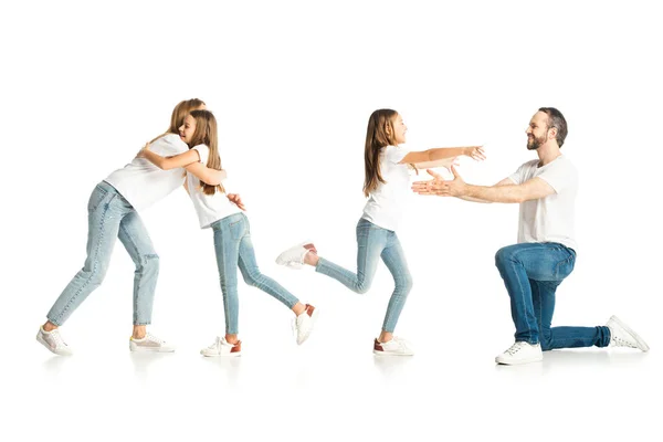 Colagem Filha Abraçando Mãe Pai Isolado Branco — Fotografia de Stock