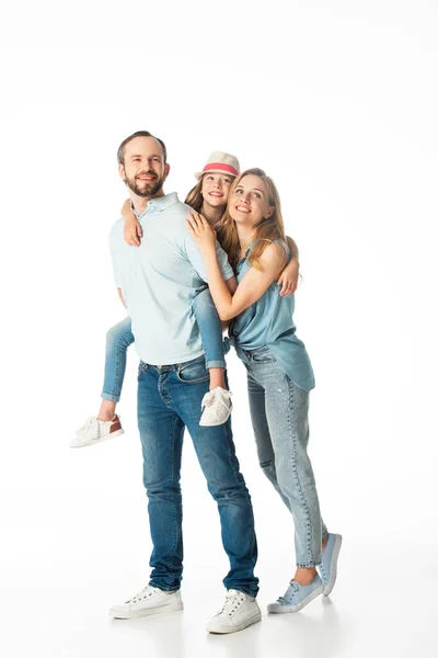Visão Comprimento Total Família Sorridente Feliz Abraçando Isolado Branco — Fotografia de Stock
