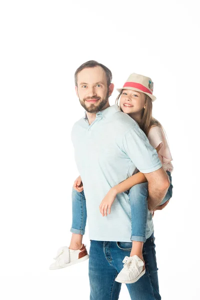 Glücklicher Vater Huckepack Tochter Isoliert Auf Weiß — Stockfoto