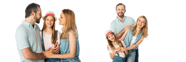 在白色的全景镜头下 拼凑着幸福的微笑的家人拥抱在一起 — 图库照片