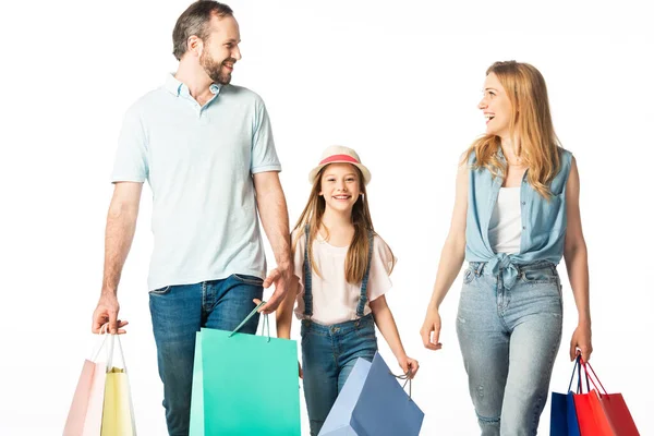 Familia Feliz Con Coloridas Bolsas Compras Aisladas Blanco — Foto de Stock