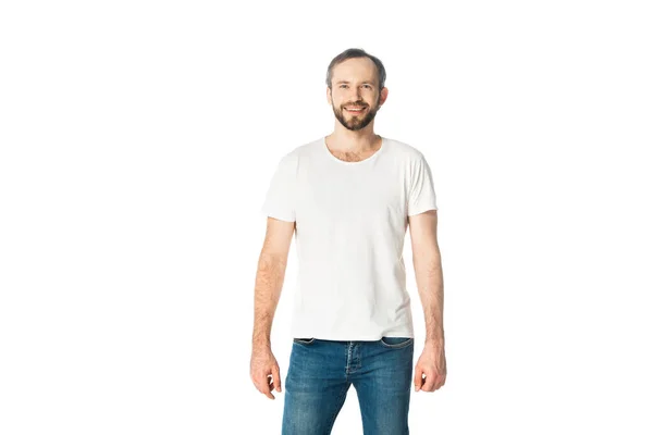 Vista Frontal Del Hombre Sonriente Aislado Blanco — Foto de Stock