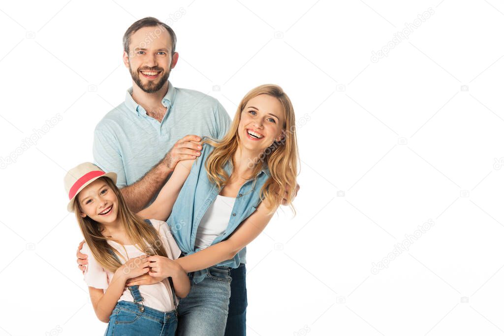 happy family smiling at camera isolated on white