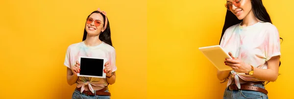 Kolaż Uśmiechniętej Stylowej Letniej Brunetki Cyfrową Tabletką Żółtym Tle Zdjęcie — Zdjęcie stockowe