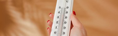 cropped view of woman holding thermometer on beige background, panoramic shot clipart