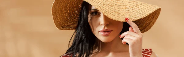 Sexy Brunette Woman Striped Swimsuit Straw Hat Beige Background Panoramic — Stock Photo, Image