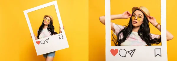 Колаж Дівчини Брюнетки Літньому Вбранні Позує Губами Соціальній Мережі Жовтому — стокове фото