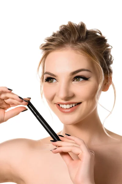 Smiling Naked Beautiful Blonde Woman Makeup Black Nails Holding Mascara — Stock Photo, Image