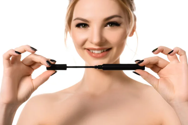 Selective Focus Smiling Naked Beautiful Blonde Woman Makeup Black Nails — Stock Photo, Image