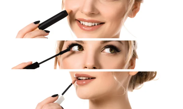 Collage Beautiful Woman Applying Lip Gloss Concealer Mascara Isolated White — Stock Photo, Image