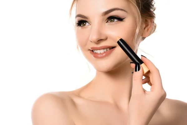 Smiling Naked Beautiful Blonde Woman Makeup Black Nails Applying Stick — Stock Photo, Image