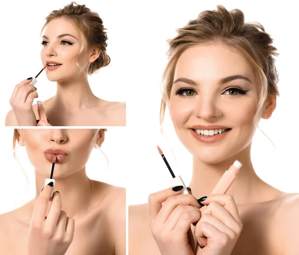 Collage Smiling Naked Beautiful Blonde Woman Makeup Black Nails Applying — Stock Photo, Image