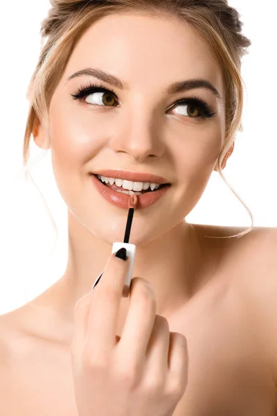 Smiling Naked Beautiful Blonde Woman Makeup Black Nails Applying Beige — Stock Photo, Image