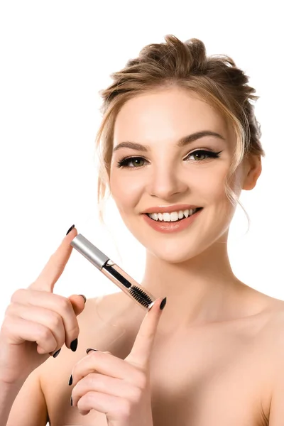 Smiling Naked Beautiful Blonde Woman Holding Clear Brow Gel Isolated — Stock Photo, Image