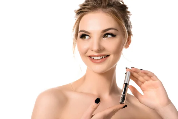 Smiling Naked Beautiful Blonde Woman Holding Clear Brow Gel Isolated — Stock Photo, Image