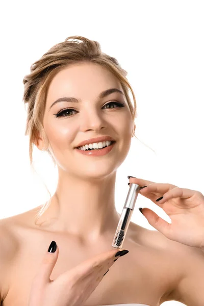 Smiling Naked Beautiful Blonde Woman Holding Clear Brow Gel Isolated — Stock Photo, Image