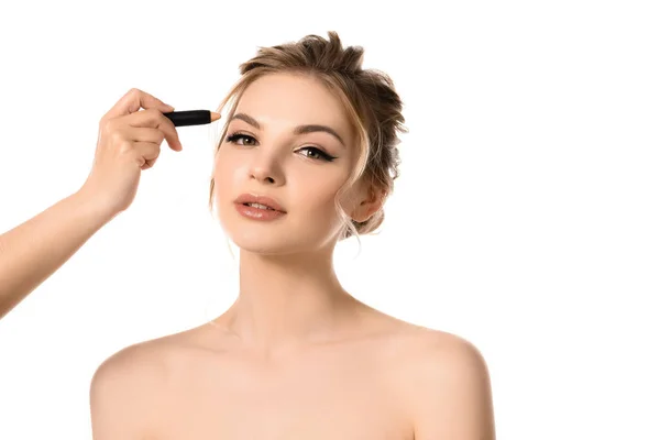 Hand Med Concealer Nära Naken Vacker Blond Kvinna Isolerad Vit — Stockfoto