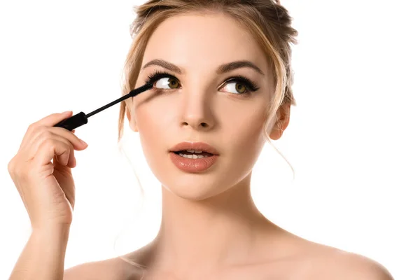 Naked Beautiful Blonde Woman Applying Mascara Isolated White — Stock Photo, Image