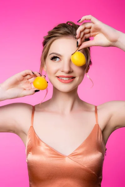 Smiling Elegant Beautiful Blonde Woman Silk Dress Holding Apricots Isolated — Stock Photo, Image