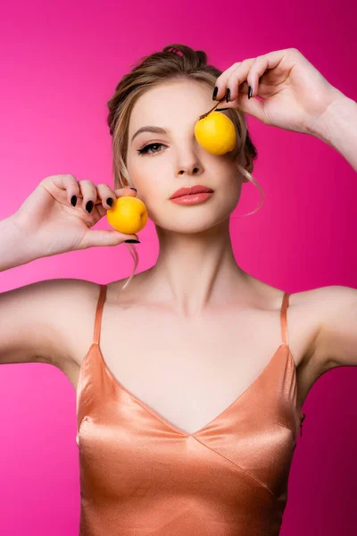 Elegant Beautiful Blonde Woman Silk Dress Holding Apricots Isolated Pink — Stock Photo, Image