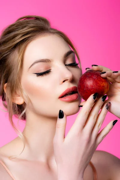 Elegant Beautiful Blonde Woman Closed Eyes Holding Peach Isolated Pink — Stock Photo, Image