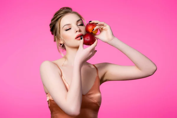 Elegant Beautiful Blonde Woman Silk Dress Closed Eyes Holding Peaches — Stock Photo, Image