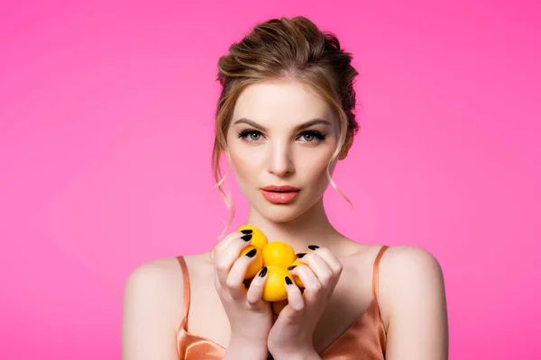 Elegant Beautiful Blonde Woman Silk Dress Holding Ripe Apricots Isolated — Stock Photo, Image