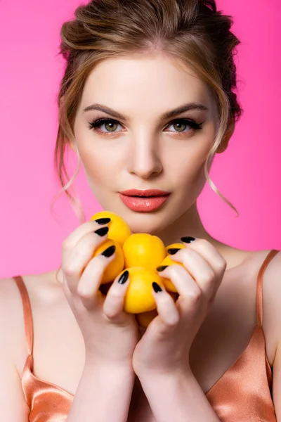 Elegant Beautiful Blonde Woman Silk Dress Holding Ripe Apricots Isolated — Stock Photo, Image