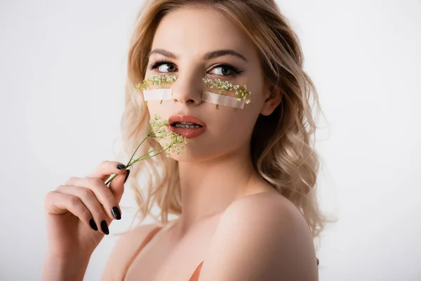 Beautiful Blonde Woman Silk Dress Wildflowers Eyes Mouth Isolated White — Stock Photo, Image