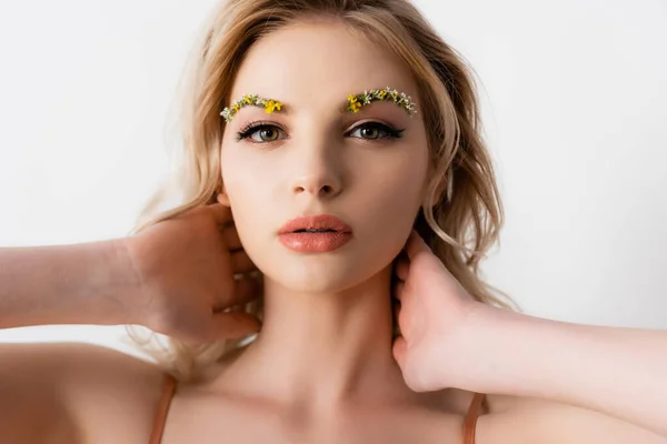 Beautiful Blonde Woman Wildflowers Eyebrows Touching Neck Isolated White — Stock Photo, Image