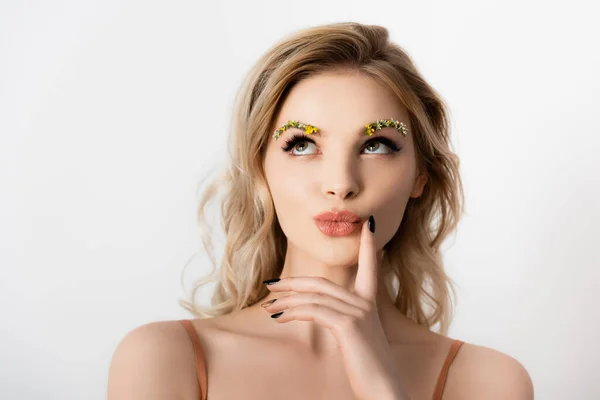 Dreamy Beautiful Blonde Woman Wildflowers Eyebrows Isolated White — Stock Photo, Image