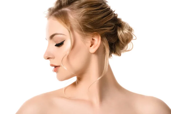 Profile Naked Beautiful Blonde Woman Makeup Isolated White — Stock Photo, Image