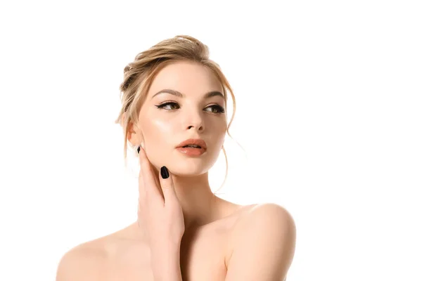 Naken Vacker Blond Kvinna Med Makeup Och Svarta Naglar Vidrör — Stockfoto
