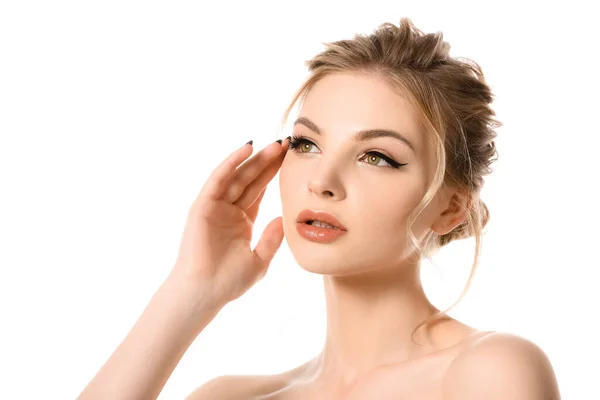 Naken Vacker Blond Kvinna Med Makeup Rörande Ansikte Och Tittar — Stockfoto